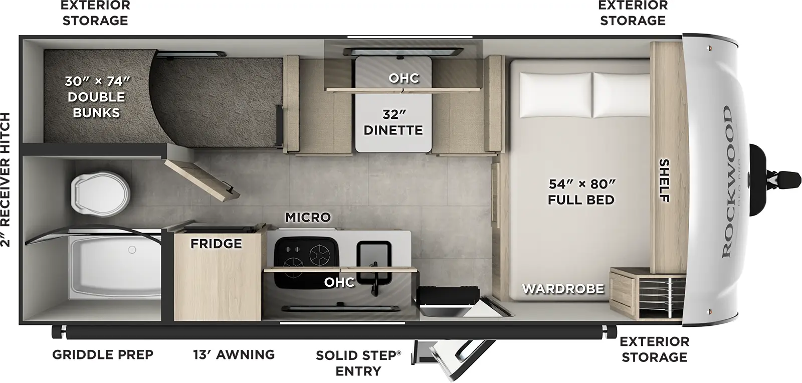 The Rockwood Geo Pro G17LE floorplan has one entry and zero slide outs. Exterior features include: fiberglass exterior and 13' awning. Interiors features include: bunk beds and front bedroom.